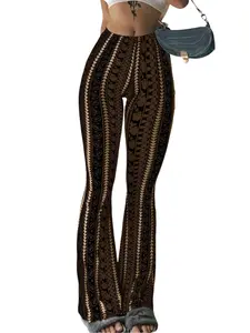 Women's High-Waisted Flared Pants, Fitted Stretch Long Trousers, Boho Ethnic Pattern, Casual Street Style, Comfortable Party Wear