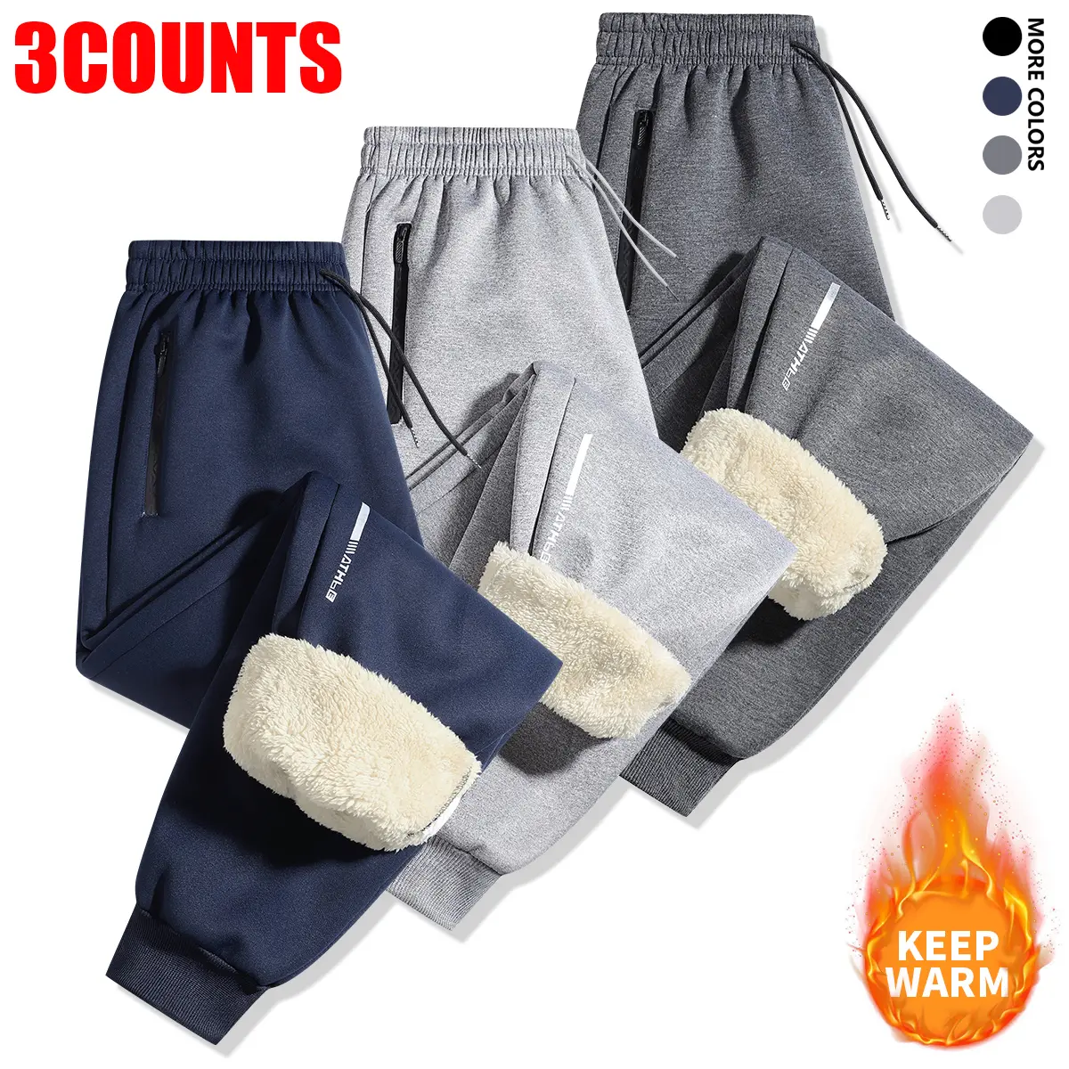 Men's 3-Pack Insulated Thickened Athletic Joggers - Ultra-Warm Fleece Sherpa-Lined, Cuffed, Heavyweight Banded Bottom Sweatpants, Thermal Winter Activewear with Zip Pockets for Extreme Cold, Athletic Men's Pants, Multi-Pack Men's Pants