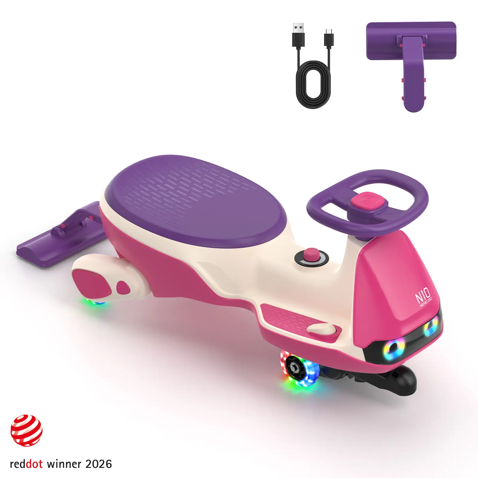 BackToSchool FanttikRide N10 Pro Electric Wiggle Car with Pedal, Type-C Rechargeable Battery, One-Click Detachable Mop, GlideWiz, Anti-Rollover, Flashing Wheels, Bluetooth, for Ages 3 and Up, 150 Lbs, Tricycle