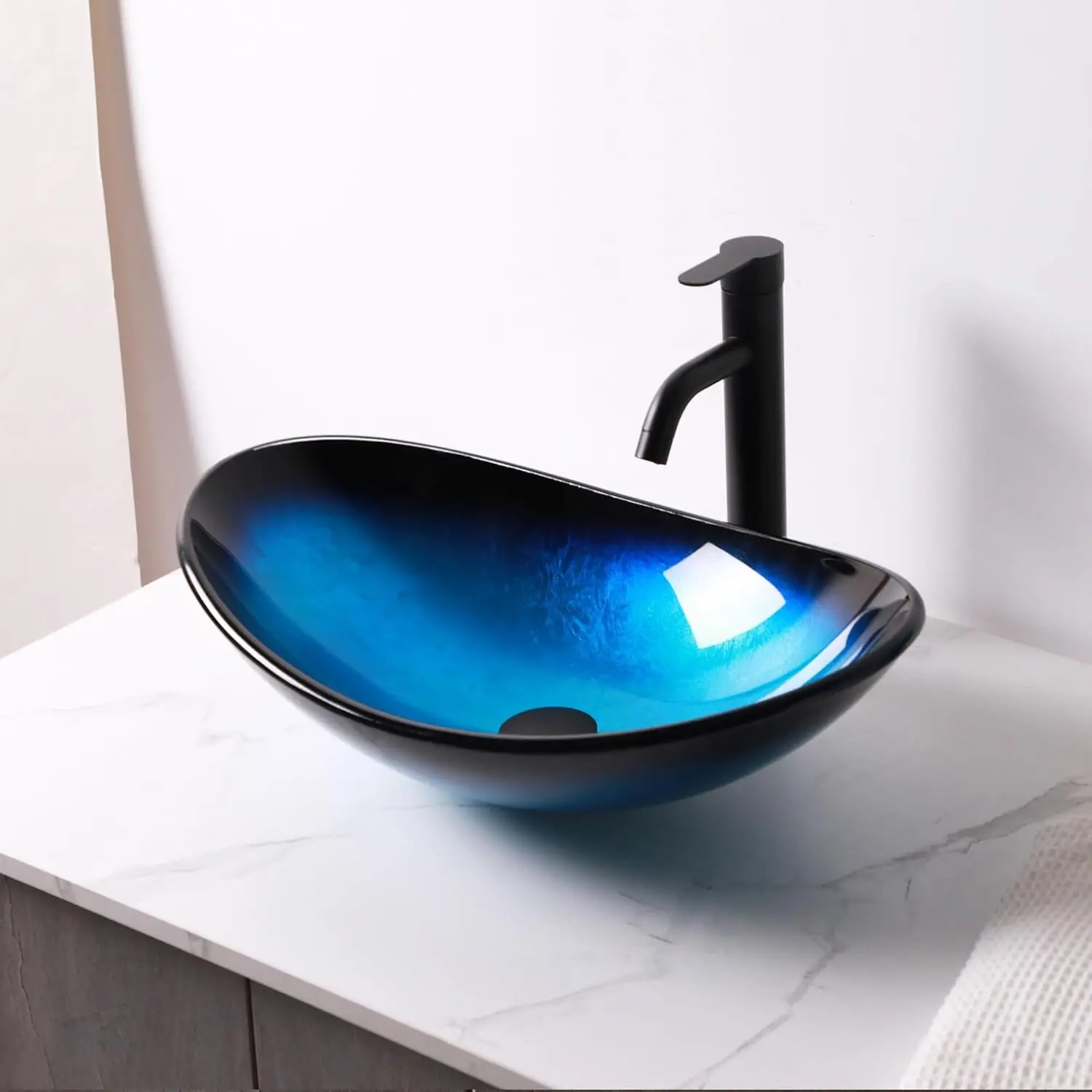 Logmey 21" Glass Bathroom Vessel Sink with Pop up Drain Set,Countertop Oval Bowl Tempered Glass Art Basin,Shallow Water Blue Decorative Vanity Sink for Bathroom Renovation,Home Improvement Finds