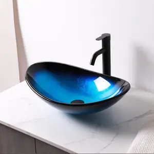 Logmey 21" Glass Bathroom Vessel Sink with Pop up Drain Set,Countertop Oval Bowl Tempered Glass Art Basin,Shallow Water Blue Decorative Vanity Sink for Bathroom Renovation, Memorial day