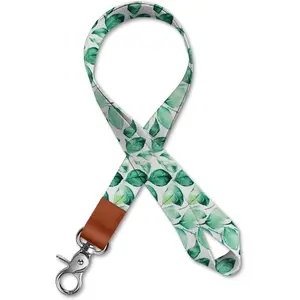 Lanyard for , ID Badges, and Card Holders - Black With Metal Clasp for Men and Women - Long  Teacher Lanyard for Wallet and Key Chain (Green Leaf)