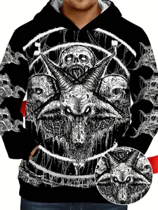 Gothic Halloween Hoodie, Terror Skull & Star 3D Print, Street Style, Long Sleeve Fitted Casual Sweatshirt