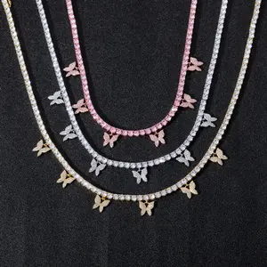 Moissanite Butterfly Tennis Necklace Iced Out Diamond Look Choker for Women, Sparkly Dainty Chain with Butterfly Charms, Elegant Luxury Statement Necklace for Party Wedding Birthday Anniversary Gift Trendy Jewelry