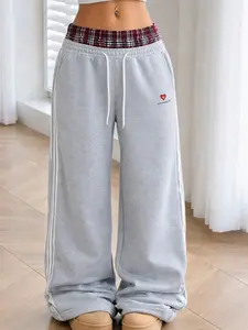 Viral Oversized Wide-Leg Athletic Sweatpants, Trendy Young Women's Casual & Loungewear, Soft Fleece, Elastic Adjustable Drawstring Waist, Plaid Detail