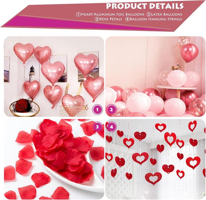 Valentines Day Balloons Kit, 101 Pack Rose Gold Pink Heart Balloons with Rose Petals, I Love You Balloons for Anniversary Mothers Day Wedding Romantic Decorations Special Night,VA-BA-01
