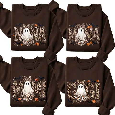 Custom Gigi Mimi Nana Mama Sweatshirt, Personalized Halloween Ghost Shirt, Leopard Print Spooky Season Crewneck, Cute Pumpkin Bat Fall Pullover, Halloween Gift for Mom Nana Gigi Mimi -DPCLICK