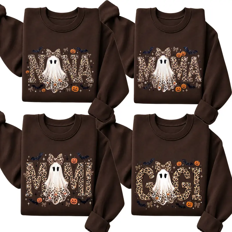 Custom Gigi Mimi Nana Mama Sweatshirt, Personalized Halloween Ghost Shirt, Leopard Print Spooky Season Crewneck, Cute Pumpkin Bat Fall Pullover, Halloween Gift for Mom Nana Gigi Mimi -DPCLICK