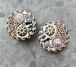 PAIR of Unique Steampunk Yin-Yang Surgical Steel Double Flare Tunnels/Plugs -  Gauges 2g (6mm) thru 1" (25mm)