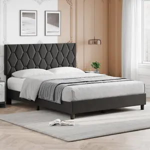 Twin/Fell/Queen/King/TwinXL Bed Frame Upholstered Platform Bed Frame with Fabric Headboard, Ornate Diamond Bed Frame with Non-Slip and Solid Wood Slats Support, Noise Free, Easy Assembly, Grey/Pink/Beige