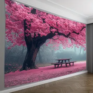 Vibrant Cherry Blossom Tapestry Wall Art - Serene Pink Blooming Tree Scene With Bench & Picnic Area - Soft Polyester Fabric, Hand-Stitched Edges, Wrinkle-Resistant - Perfect For Living Room, Bedroom, Office & Party Decor