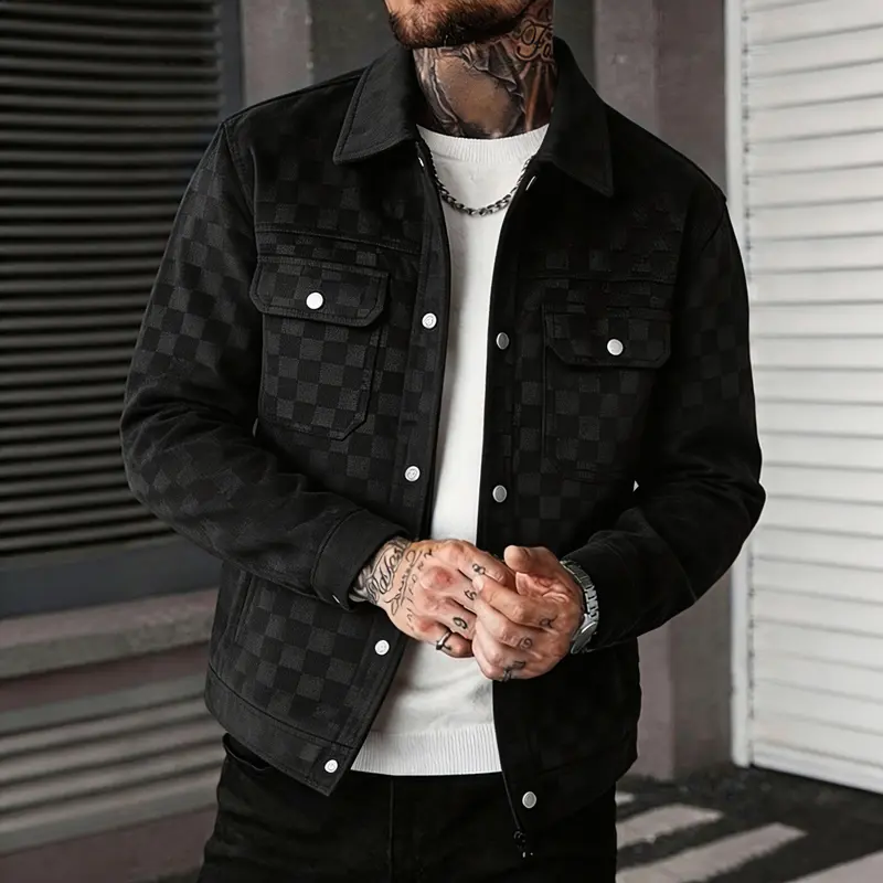 Men’s plaid button-down jacket, loose fit with lapel collar, casual coat with chest pockets, Y2K American street style hip hop fashion outerwear for everyday wear, dating, and parties, suitable for fall and winter outfits
