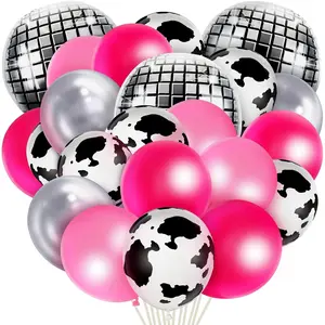 50 Pcs Cow Print Disco Ball Balloon Western Cowgirl Party Round Disco Supplies For Cowgirl 4D Metallic Foil Mirror Balloon Cow Theme Decorations With Ribbon Tape For Bachelorette Party