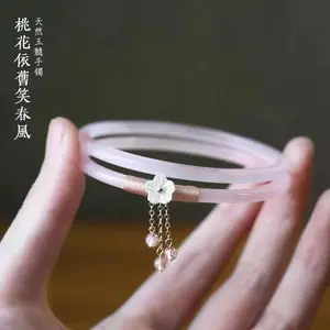 2Pcs/Set Imitate Natural Jade Jingle Peach Blossom Jelly Strips Bangles Retro Simple Girl Antique Glass Women's Jewelry Gifts