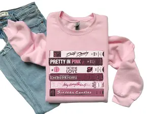 80s Rom Com Movies Sweatshirt. Romance of the 1980s in Pink Colors. Love stories VHS Tapes Pretty in Pink Dirty Dancing Sixteen Candles