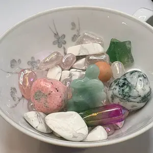 Crystal Confetti Fairy Garden Set with Assorted Stones Decorative Figurine for Enchanting Displays Featuring Blue Flower Blossoms and Mini Adventurine Fairy Carving. Vintage tea cup included.