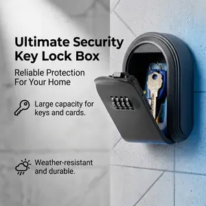 Wall-mounted four-digit combination key storage box, weatherproof and secure key safe, with precision dial, suitable for home and outdoor use.