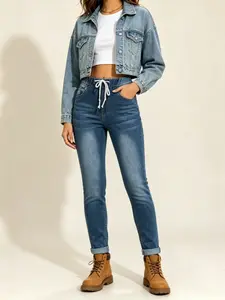 Women's High-Waisted Elastic Waist Denim Joggers, Stretch Loose Jean Pants with Drawstring, Womenswear