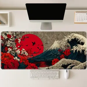 Japanese Ukiyo-e Gaming Mouse Pad - Extra Large XXL Desk Mat with Non-Slip Rubber Base, Anime & Boho Style Design for Office & Home, Durable Polyester Computer Accessory, Mouse Pads for Desk, Desk Decor