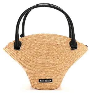 Pre-owned Balenciaga Raffia and Lambskin Shoulder Bags Raffia Woven Medium Basket Tote Natural