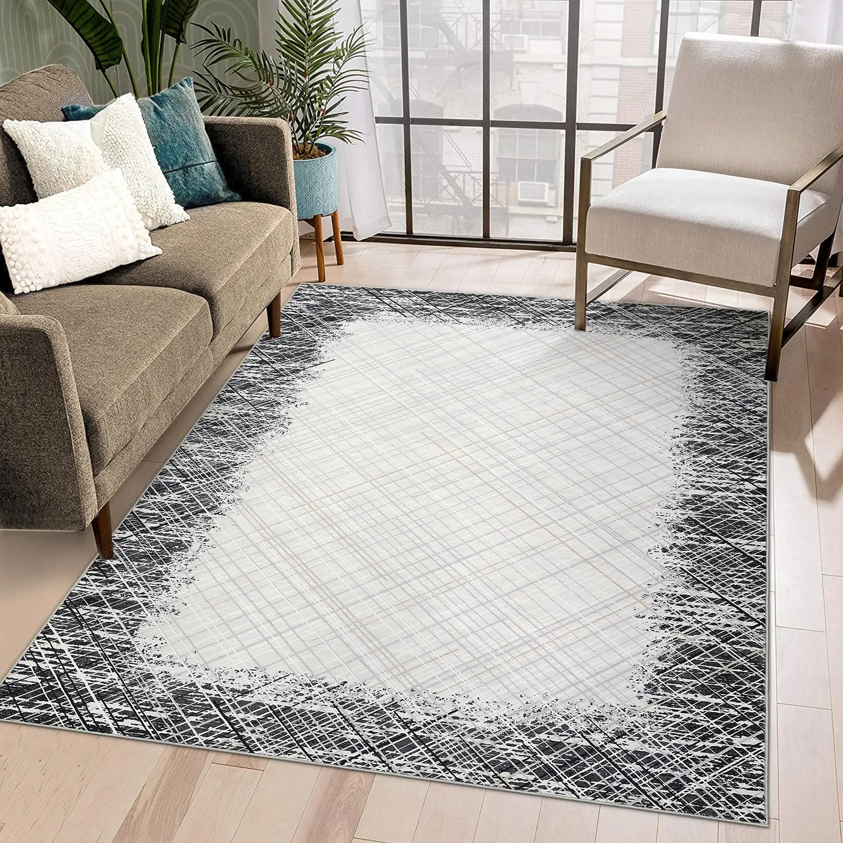5x7 Indoor Abstract Area Rug - Ultra-Soft Fibers, Machine Washable, Non-Slip, Low Profile, Stain Resistant, Foldable Modern Artistic Floor Cover for Living Room, Bedroom