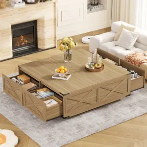 47" Farmhouse Square Coffee Table with 4 Drawers, Extra Large Wooden Storage Coffee Table, Wide Center Table for Living Room & Home Office