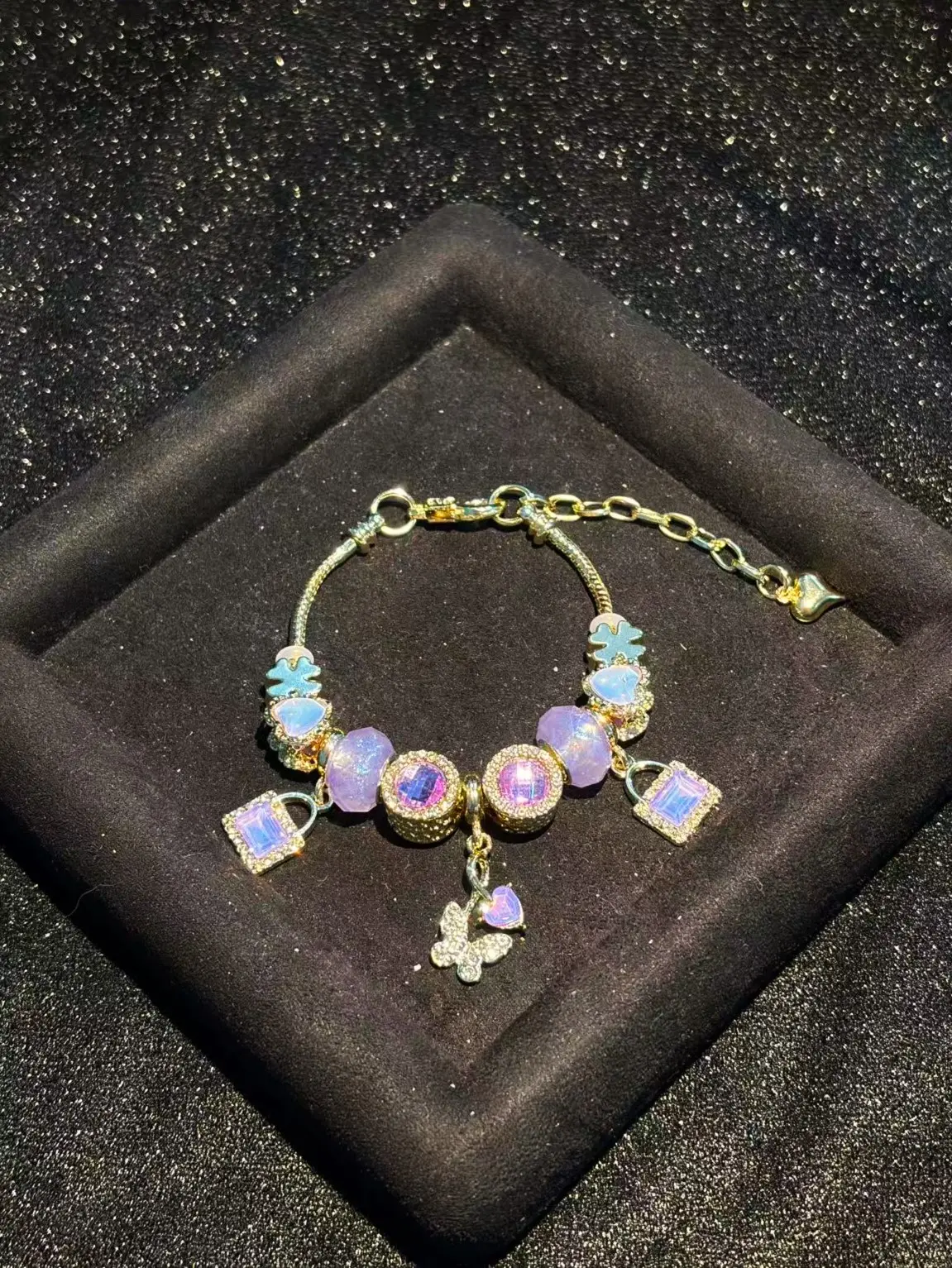 Gold Tone Iridescent Purple Bead Charm Bracelet for Women, Butterfly Lock Square Crystal Pendant Beaded Snake Chain Bracelet, Sparkly Rhinestone Stackable Hand Jewelry, Elegant Bracelet for Daily Party Wear Gift for Her