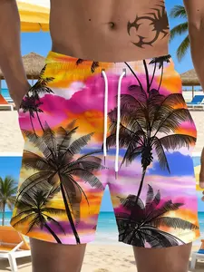 Men's Rainbow Sunset Palm Tree Beach Shorts, Colorful Sunset Palm Men's Swim Trunks, Casual Fitted Summer Swimming Pants, Swimwear Shorts