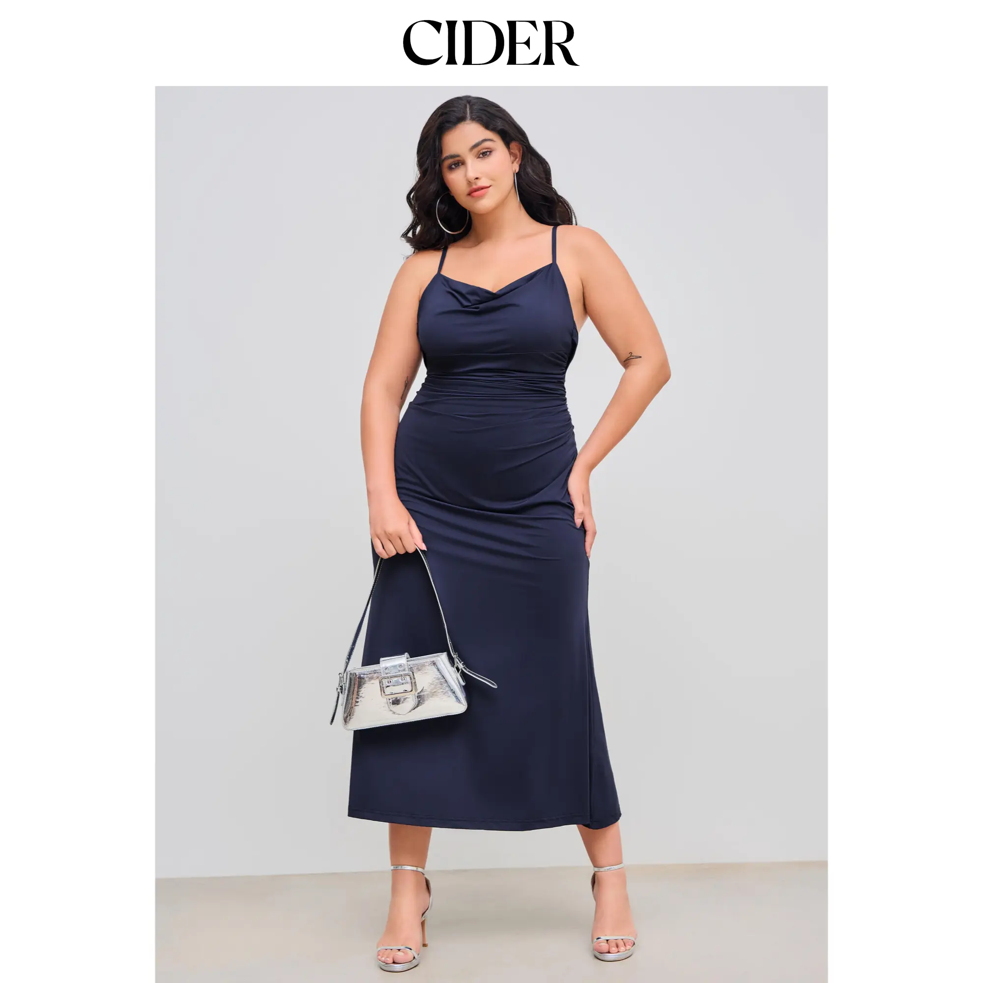 Cider [3 colors, size 0-24] Cowl Neck Solid Ruched Backless Maxi Dress Curve & Plus