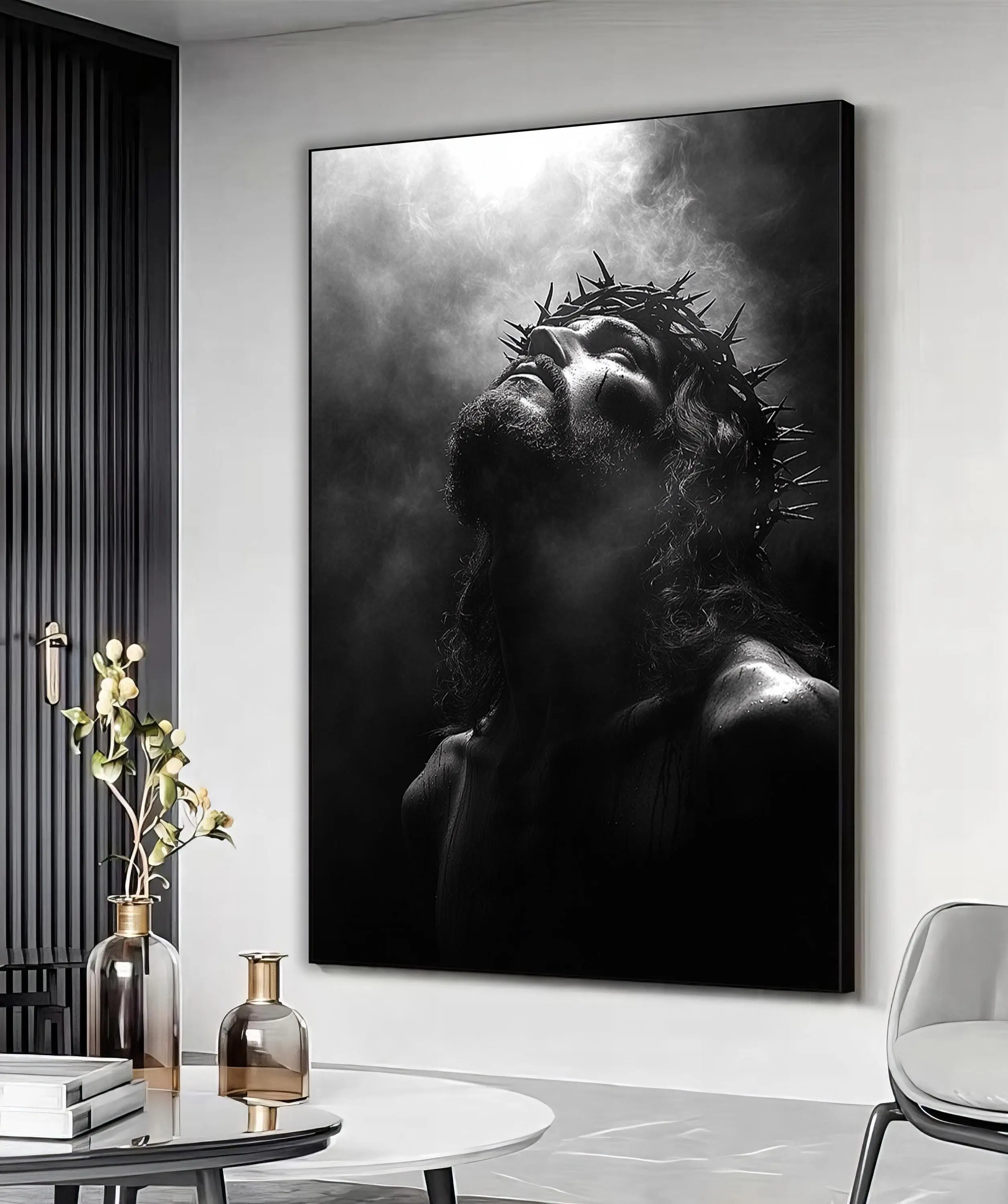 Jesus Christ portrait, Black and white jesus canvas print, Religious wall art, Biblical art,Dramatic Christian Artwork Unframed