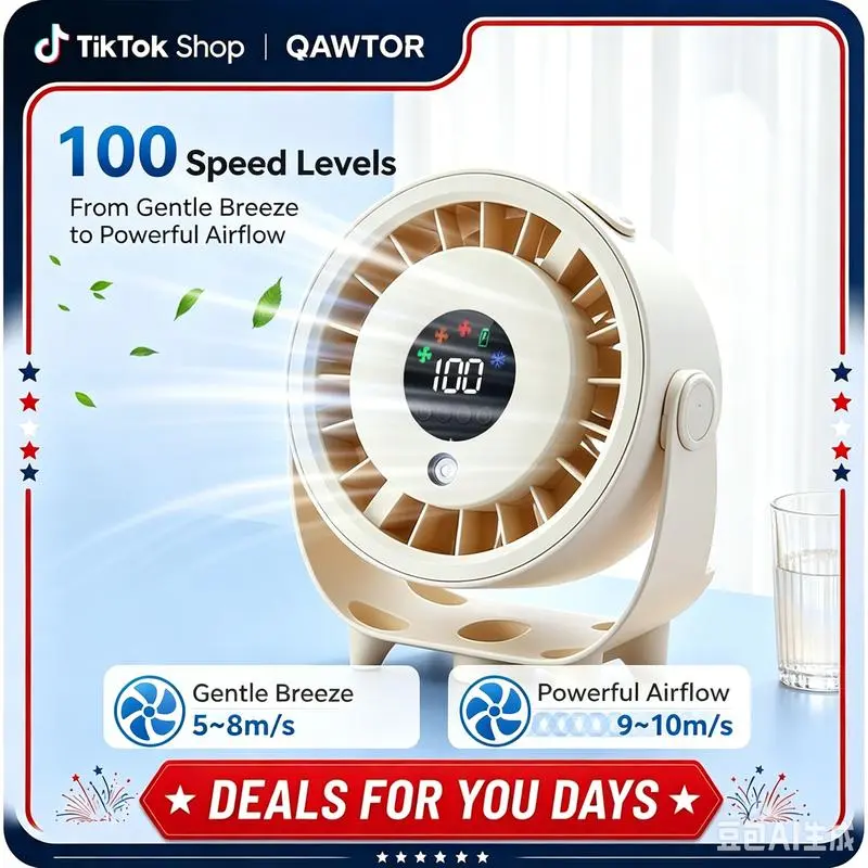 Qawtor Cordless Rechargeable Misting Desk Fan - 100-Speed Portable, Cooling Mist Spray, Long-Lasting Batteries, LED Display for Dorm Room, Bedside Table, Outdoor Picnic Table to Stay Cool