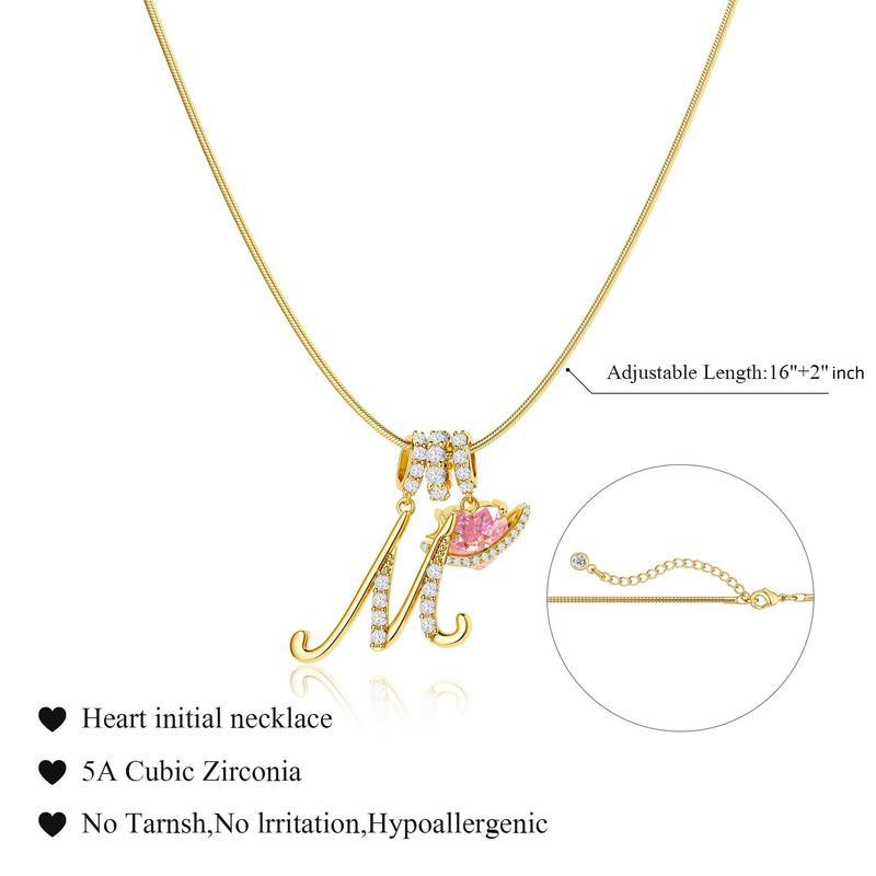 PolarEve Initial Heart Necklace A-Z Letter Pendant Necklaces for Women Snake Chain Choker, Pink Cubic Zirconia Pendant Letter Diamond 18K Gold Plated Fashion Jewelry, Hypoallergenic, Adjustable Size, Perfect Gift for Women and Girls, Valentine's Day Gift
