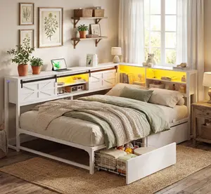 Corner Bed with Drawers & LED Charging Station Smart Storage for Kids & Single Living MDF Wood Board Heavy-Duty Metal Frame L-shaped Bed Frame