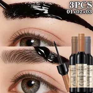 3pcs, Bottle Shaped Waterproof Eyebrow Gel, Long-lasting Tinted Eyebrow Glue, Peelable, Natural Look Tattoo Eyebrow Makeup Set, Make-up Semi-permanent, Red Wine Bottle Design, Waterproof And Long-lasting, -pull Eyebrow Glue Set, Wedding Tool