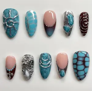 Boho Turquoise Press On Nails | Silver Chrome & Stone Details | Hand-painted Snake Skin Nail Art | Luxury Western Style False Nails