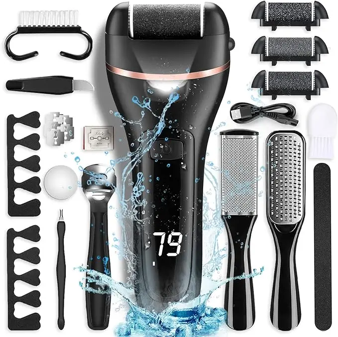Electric Callus Remover for Feet with Rechargeable Waterproof 19 in 1 Professional Pedicure Kit,Foot Care Tools Wet & Dry Foot File For Dead Skin&Cracked Heel or Rough Hand With 3 Roller Heads 2 Speed