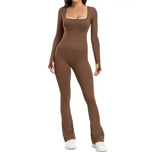 SeSe Code Full Length Flare Wide Leg Jumpsuits Square Neck Long Sleeve  Jumpsuits