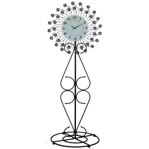 Large Floor Standing Clock Openwork Metal with Flower Floral Detail and Clear Crystals in Black