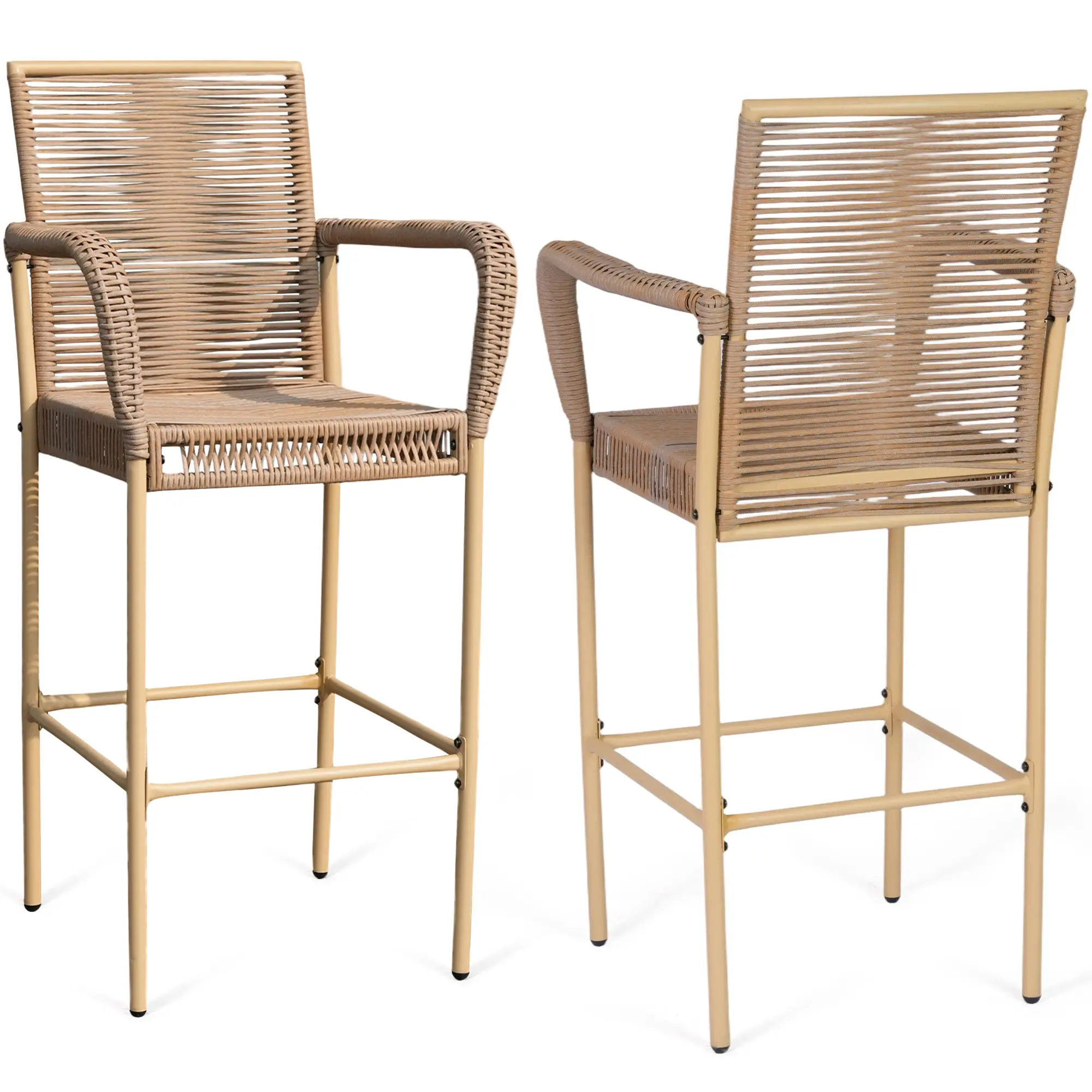 Jonpony Counter Height Bar Stool Set of 2, 30" Patio Rattan Bar Stool Chairs with Armrests, Outdoor Barstools for Porch Garden Indoor Kitchen, Yellow