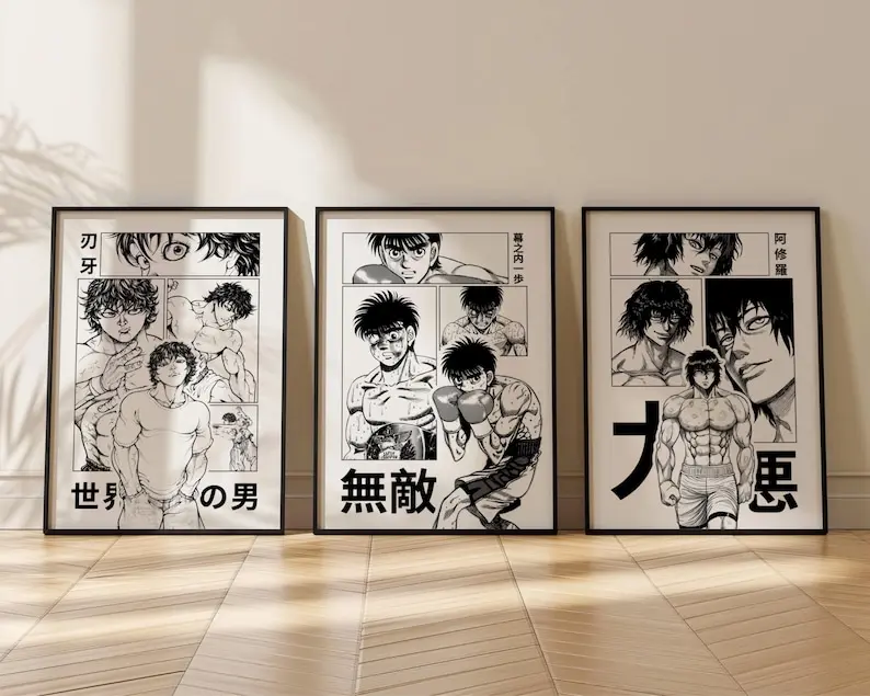 Fighting Anime Wall Art Set of 3 Prints, Motivation Anime Poster, Baki Hanma Panel, Ohma Tokita Poster, Ippo Makunouchi Print, Manga Poster