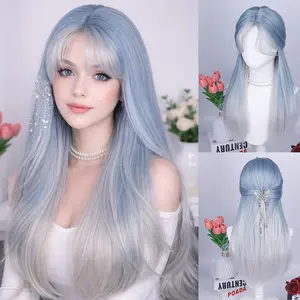 Beginner-Friendly Glueless Synthetic wig Y2K Blue Silver Ombre Natural Straight Heat Resistant With Bangs For Women Daily Wear