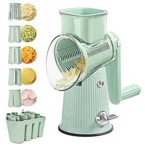 Rotary Cheese Grater Hand Crank Vegetable Shredder with 5 Stainless Steel Blades, Nut Grinder, Carrot Shredder, Fruit Slicer, Potato Crinkle Cutter, Secure & Large Suction Base with handle (Green) Kitchen Utensils