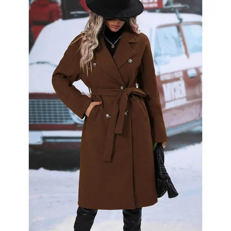 Women's Long Wool Pea Coat Notched Lapel Double Breasted Trench for Winter Warm Overcoat Wear, Outerwear, Versatile, Comfort, Style, Outfit, Essential, Trendy, Chic, Elegant, Classy, Modern, Stylish, Daily
