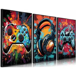 3Pcs Cool Gaming Wall Art Retro Video Game watercolor Posters Pictures Colorful Neon Gamepad Canvas Painting Prints for Boys Room Kids Game Room Bedroom for Boys Home Decoration 12x16in Unframed