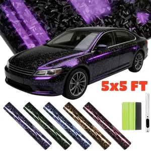 FONESO 5x5 FT Gloss Forged Carbon Car Body Sticker, 5 Roll Comes with Scraper Cutting Knife Tool, Two Color Reflective Self Adhesive Fibre Decal Vinyl Wraps Stripe Sticker Air Release DIY Vehicle Interior and External Accessories Decoration Set Universal