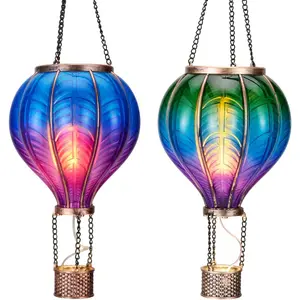 2 Pack  Solar Lantern Outdoor Garden Decor for Valentine , Plastic Hot Air Balloon Green Flickering Flame Effect Lantern for Yard Tree ,18"