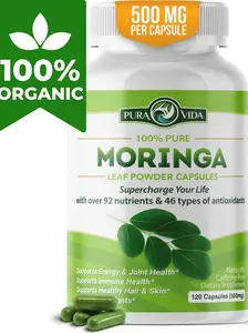 Moringa Powder Capsules Organic - Pura Vida  Moringa Leaf. Energy, Metabolism, & Immune Support. 120ct. 500mg Caps. Supplement Healthcare
