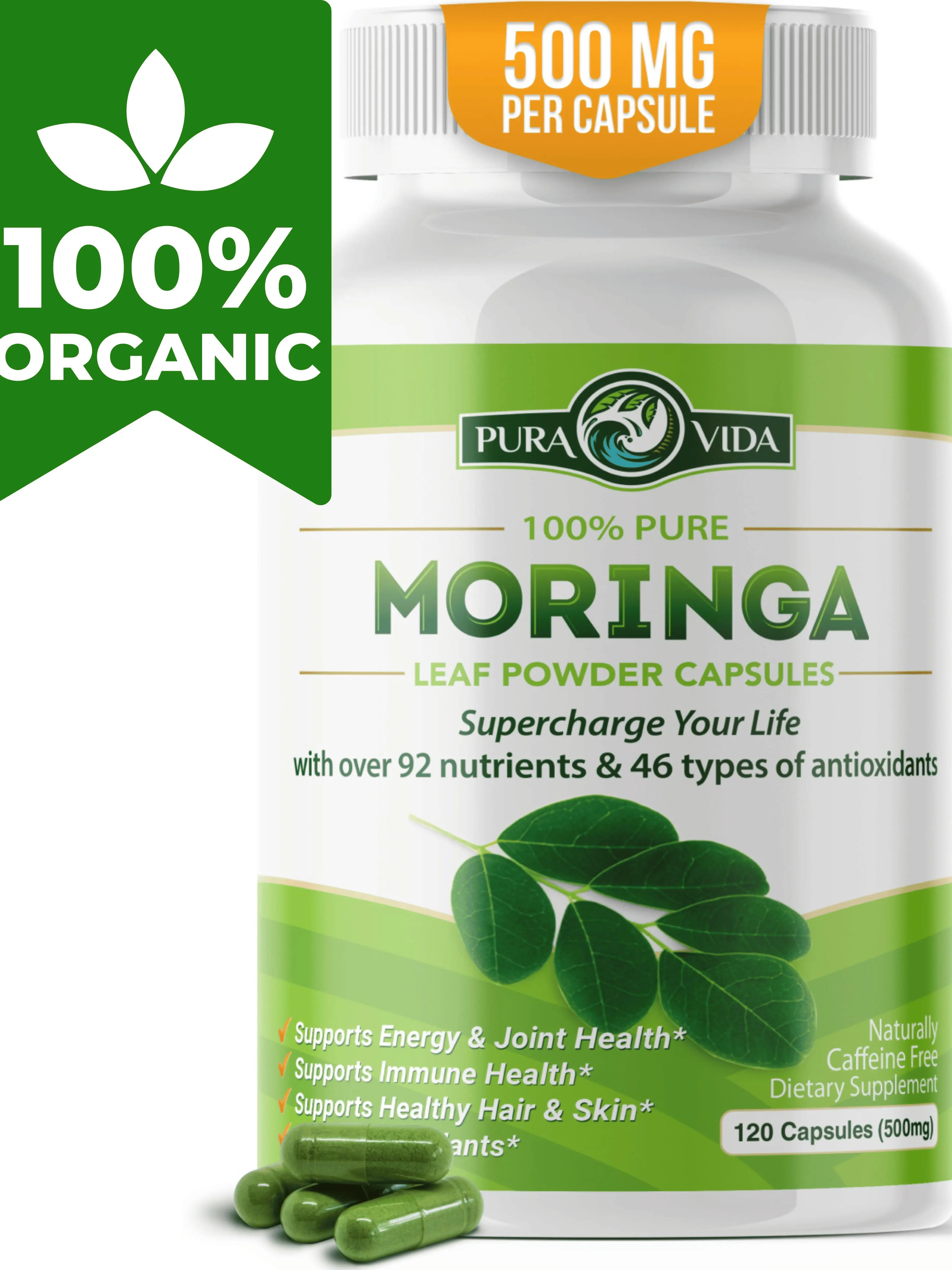 Moringa Powder Capsules Organic - Pura Vida Moringa Leaf. Energy, Metabolism, & Immune Support. 120ct. 500mg Caps. Supplement Healthcare