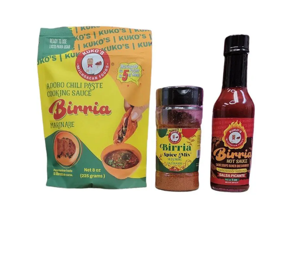 Birria Trio Extreme Flavor Combo, 8 oz bag of Birria adobo, 5 oz Birria Spice and 5 fl. oz. of Birria Hot Sauce