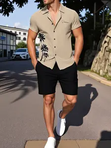 Men's 2-Piece, Matching Summer, Tropical Casual Set - Beige Short-Sleeve Button Shirt with Black Palm Tree Print & "Summer" Embroidery + Black Drawstring Shorts, Lightweight Breathable Fabric, Relaxed Fit, Versatile for Beach Vacations, Weekend Wear